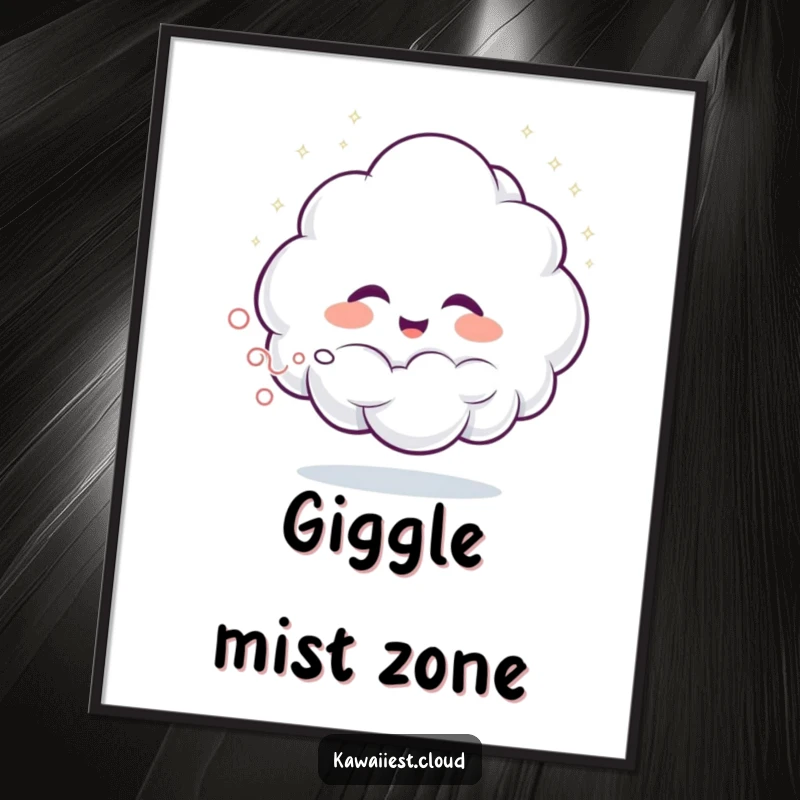 Funny poster art of a giggling cloud character spraying a delightful, glittering mist, adding a whimsical touch to any room.