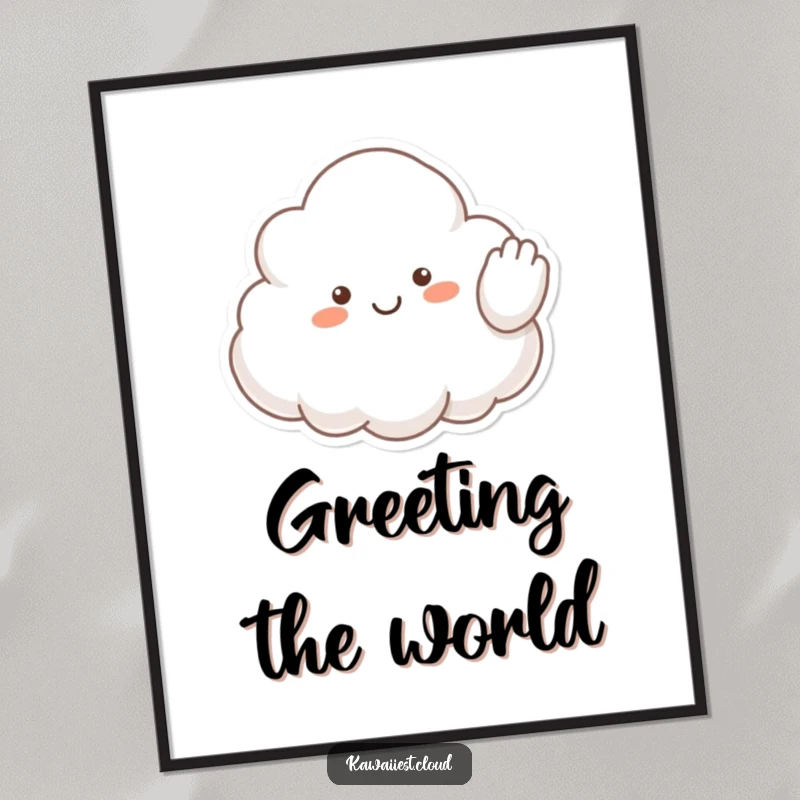 Funny poster art showing a cheerful cloud character with a fluffy arm extended in a friendly wave, symbolizing a warm welcome.