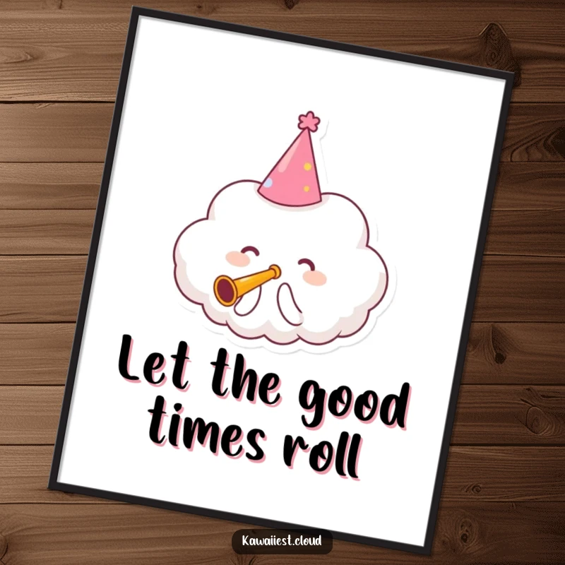 Funny Poster showing a delightful cloud character in a party hat blowing a tiny trumpet, celebrating joyfully.