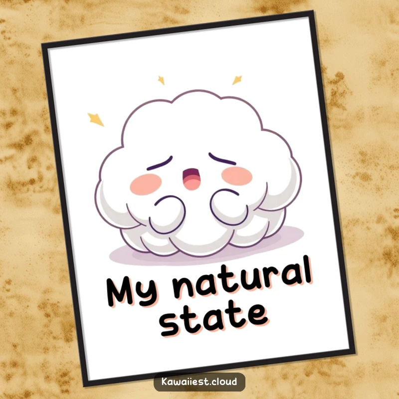 Funny sleepy cloud poster art of a character yawning peacefully, surrounded by a soft, warm glow, creating a serene and humorous atmosphere.