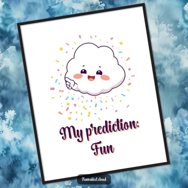 Funny poster of an excited cloud character gleefully pointing at a delightful cascade of colorful, celebratory confetti.