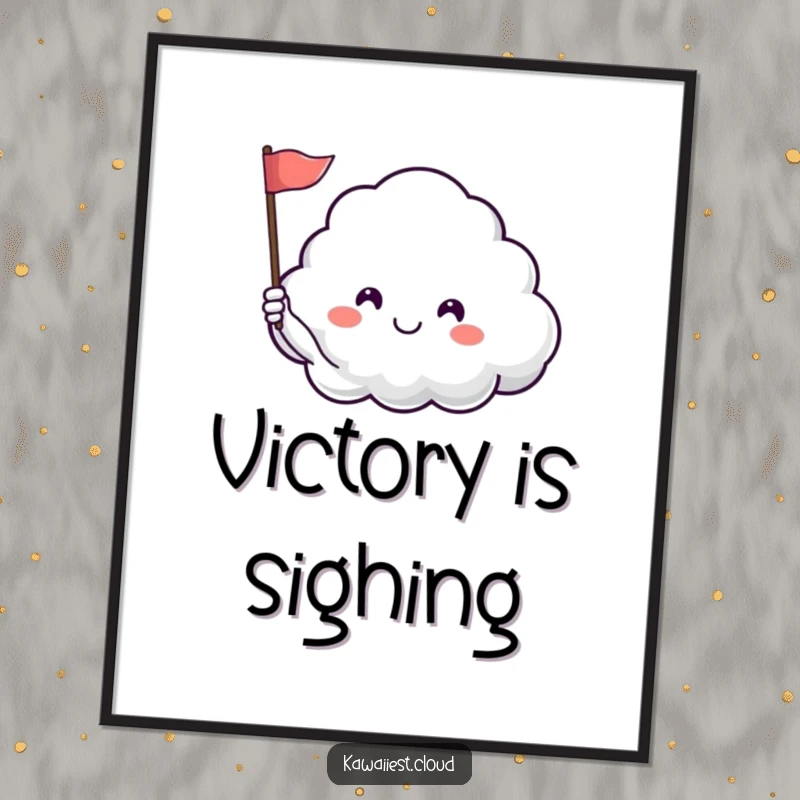 Funny poster art of a content cloud character waving a flag, symbolizing peace and happiness, perfect for serene decor.