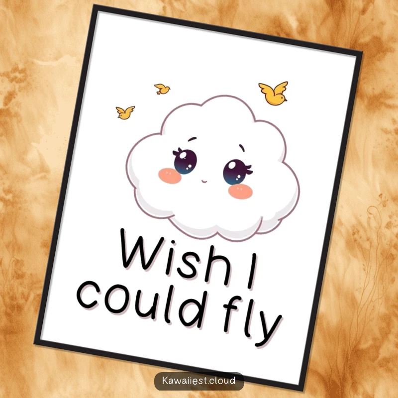 Funny poster art showcasing a cloud character with wide, amazed eyes, observing tiny birds in flight, conveying innocence and fascination.