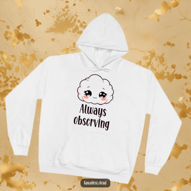 Funny Curious Cloud Hoodie: A soft hoodie featuring a curious cloud character with wide, twinkling eyes, offering cozy charm.