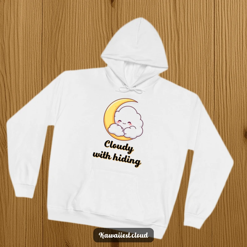 Funny Cloud Hoodie depicting a mischievous character hiding behind a crescent moon, offering warmth and charm.