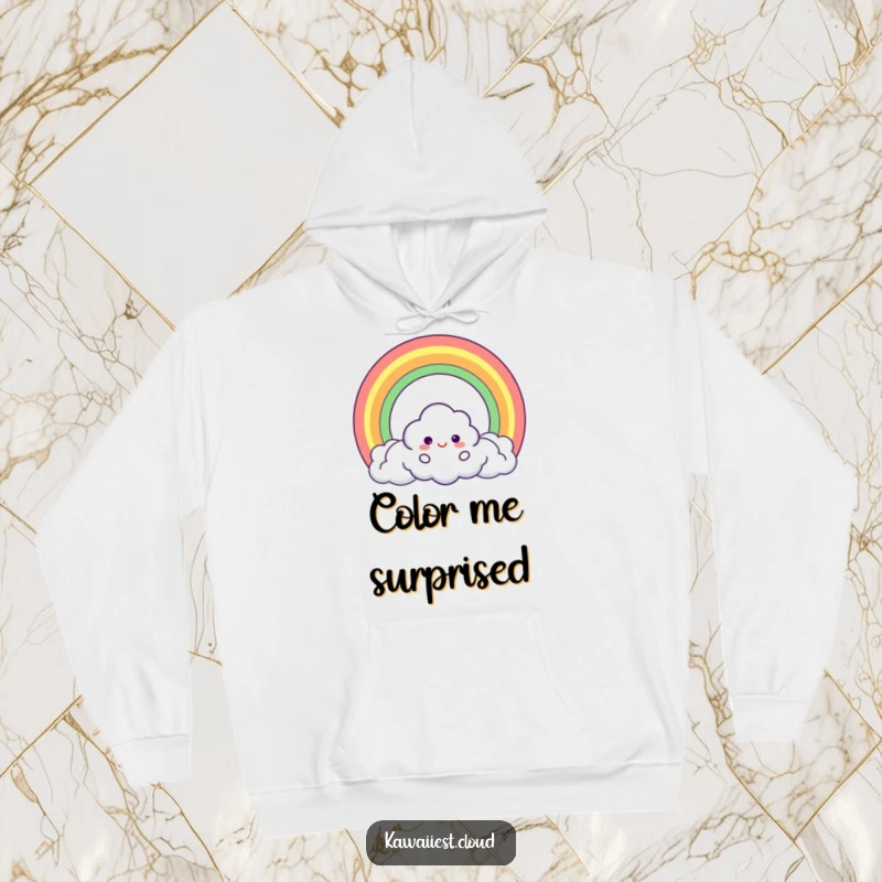 Funny Hoodie depicting a cheerful cloud character creating a perfect circle rainbow, radiating positivity and enchantment.