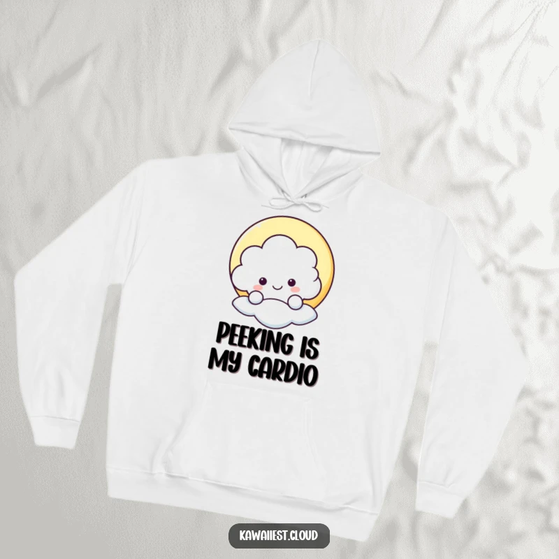 Funny hoodie with a cheerful cloud peeking from behind a moon, designed for comfort and a heartwarming, humorous look.