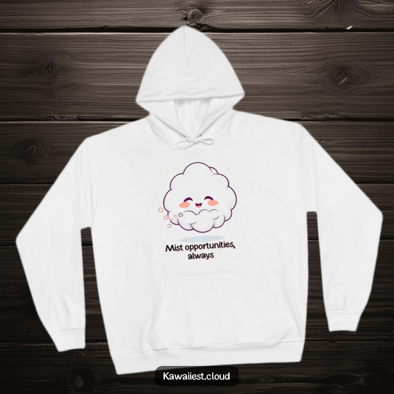 Funny hoodie depicting a giggling cloud character spraying glittering mist, offering warmth and a humorous, joyful atmosphere.