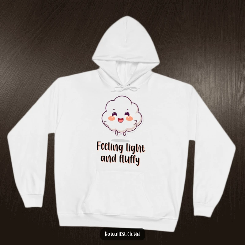 Funny hoodie with a cloud character performing an exuberant bounce, conveying pure joy and a playful, comfortable spirit.