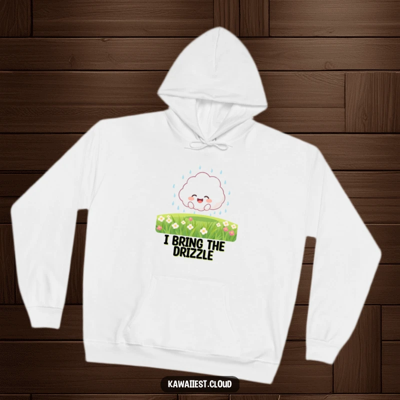 Funny Hoodie: A joyful fluffy cloud character happily showering a field with gentle, refreshing rain, perfect for cozy days.