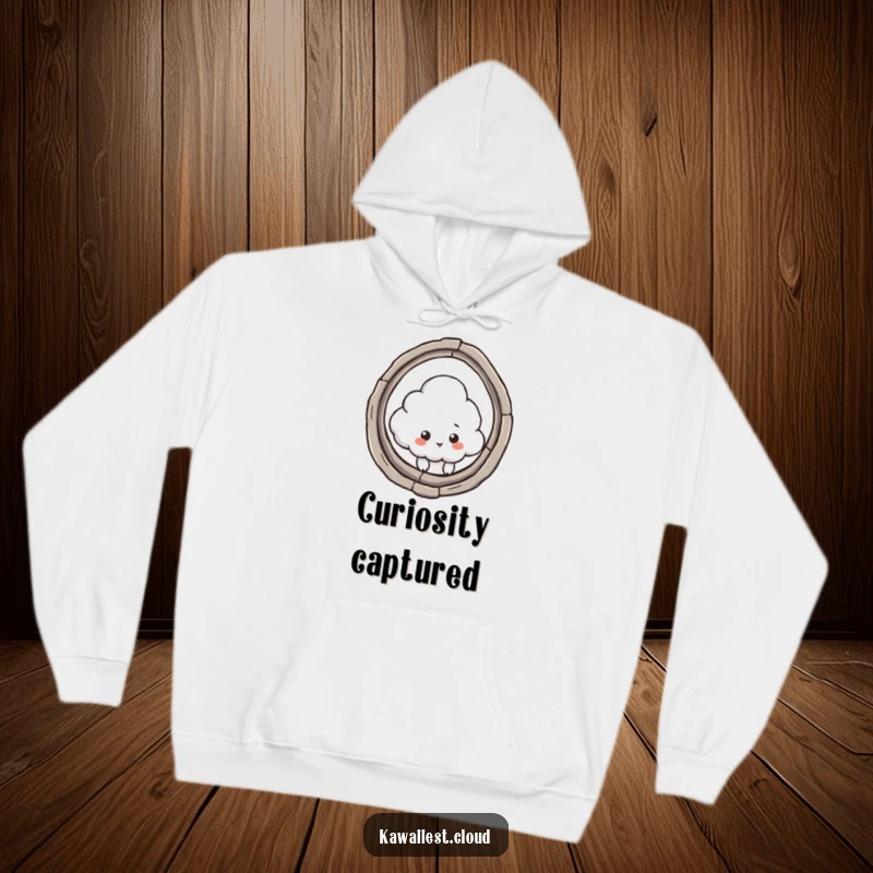 Funny hoodie featuring a cloud character peeking through a keyhole, offering a cozy and humorous take on curiosity.