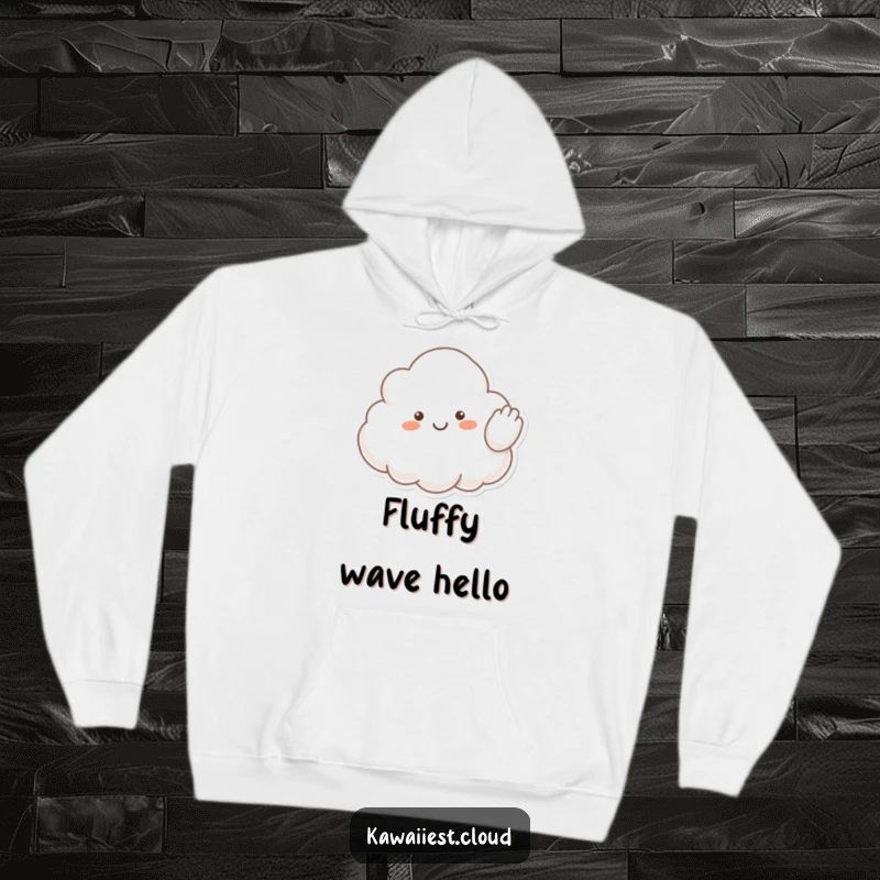 Funny hoodie featuring a smiling cloud character waving a fluffy arm, offering a warm and cheerful hello to everyone.