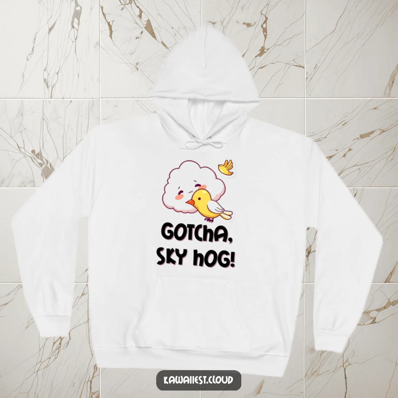 Funny Mischievous Cloud Hoodie: A cozy sweatshirt featuring a cloud character playfully tickling a passing airplane.