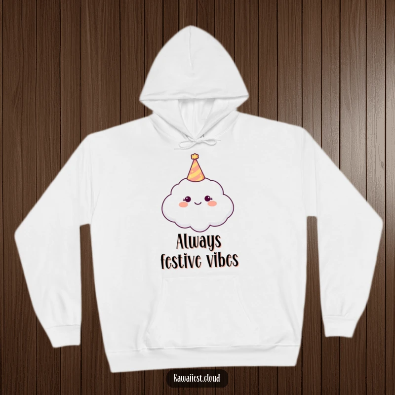 Funny Hoodie design featuring a happy cloud character adorned with a tiny, festive party hat.