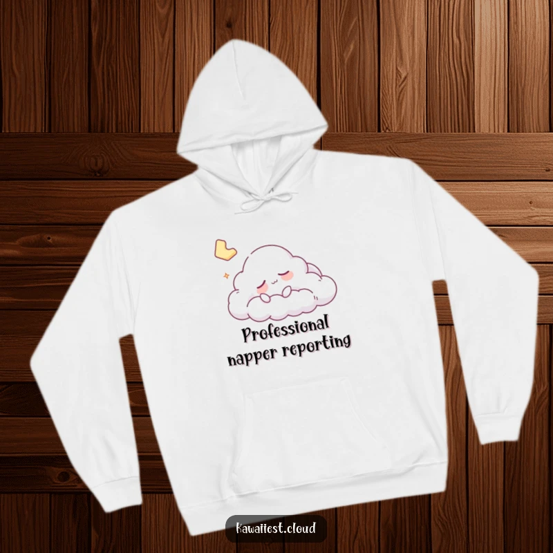 Funny sleepy cloud character napping soundly on a warm, cozy hoodie, perfect for chilly days.
