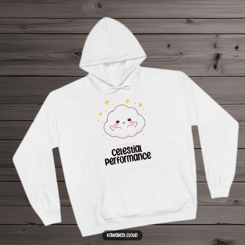 Funny hoodie featuring a cloud character expertly juggling shimmering stars, creating a mesmerizing and magical visual effect.