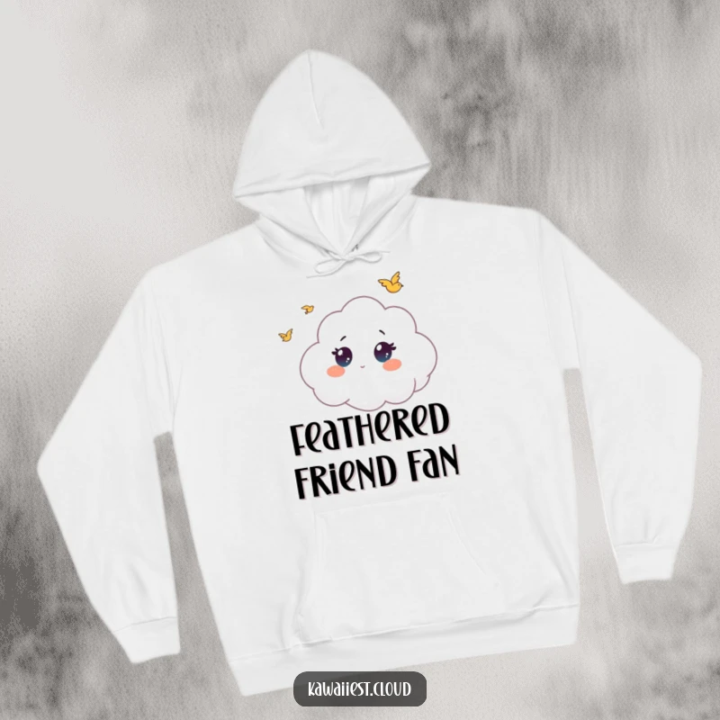 Funny hoodie featuring a cloud character with captivated wide eyes, watching a flock of tiny birds in flight, full of awe.