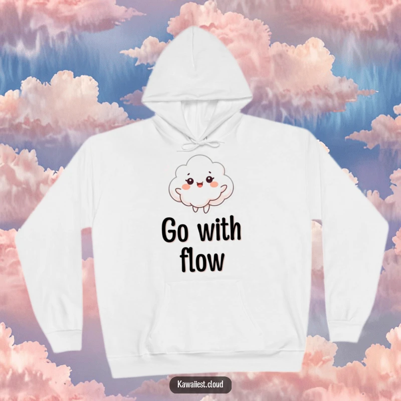 Funny hoodie featuring a cloud character dancing with joyful eyes, embraced by a gentle breeze. Cozy and whimsical.