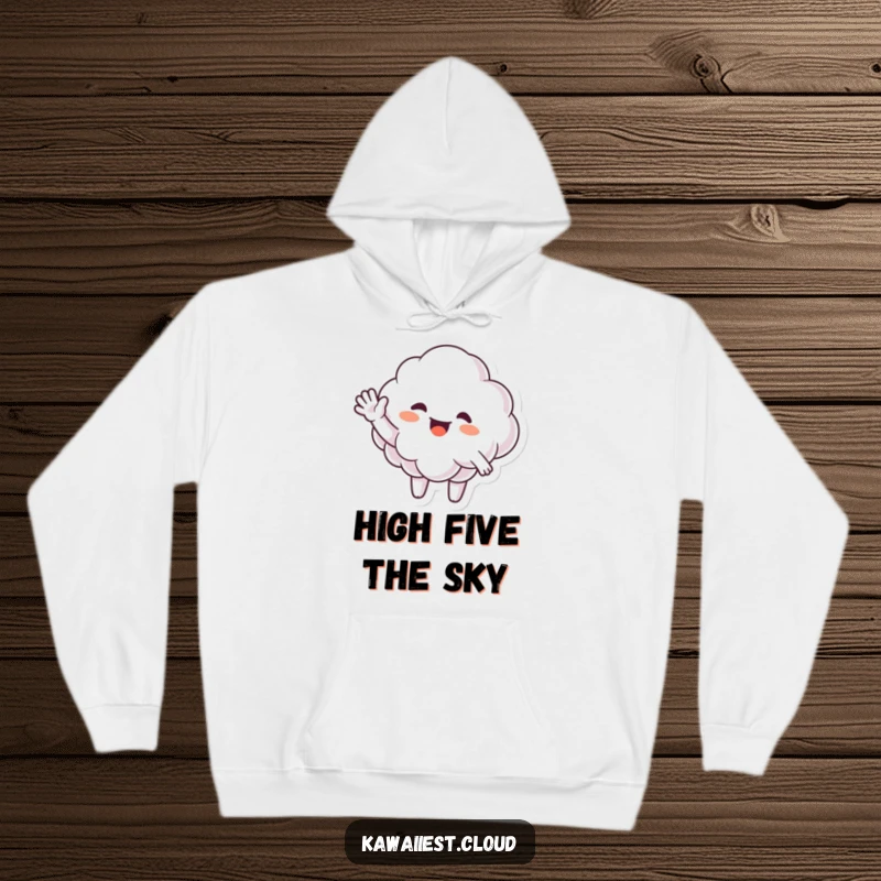 Funny Hoodie design featuring a happy cloud character giving a big, enthusiastic, and friendly wave.