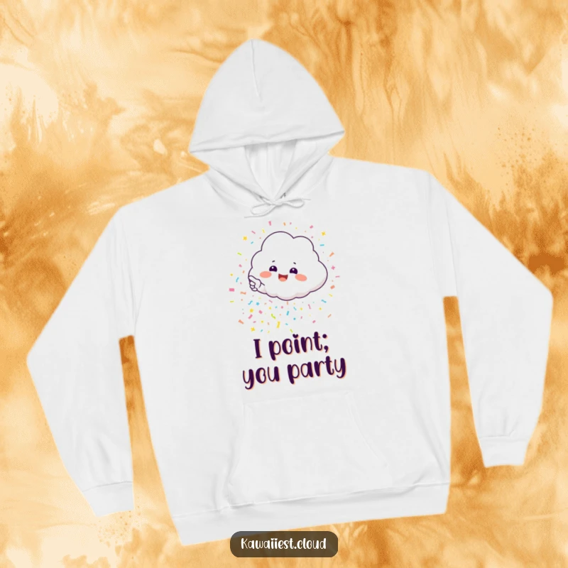 Funny hoodie with an excited cloud character enthusiastically directing attention to a lively cascade of colorful confetti.