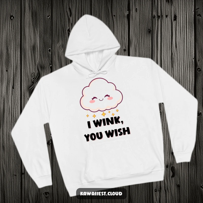 Funny Hoodie: A smiling cloud character winking playfully while dropping tiny, shimmering stars, perfect for cozy nights.