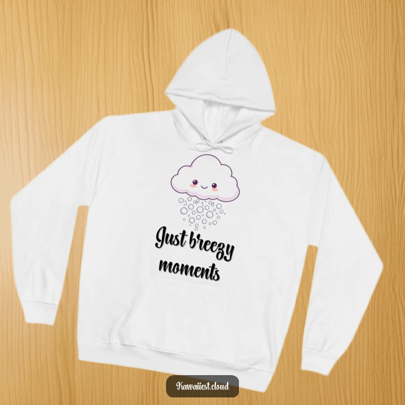 Funny Hoodie design featuring a cloud character gently exhaling a cascade of tiny, shimmering, iridescent bubbles.