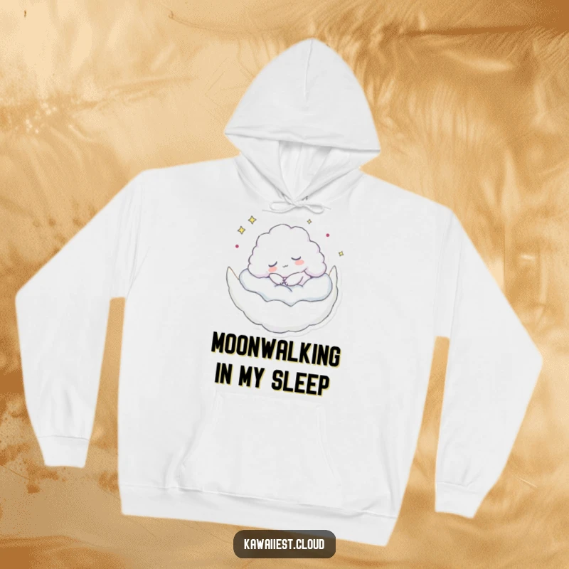 Funny hoodie depicting a cloud character napping on a moon, offering warmth, comfort, and a humorous, sleepy vibe.