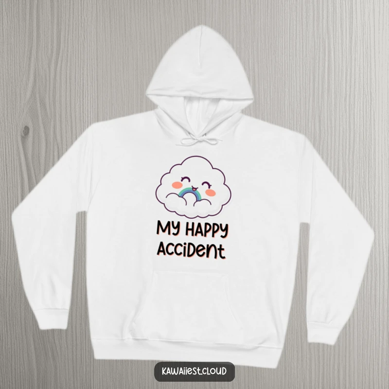 Funny Cloud Hoodie: A soft hoodie featuring a cloud with surprised delight at discovering a tiny, smiling rainbow, offering cozy cheer.