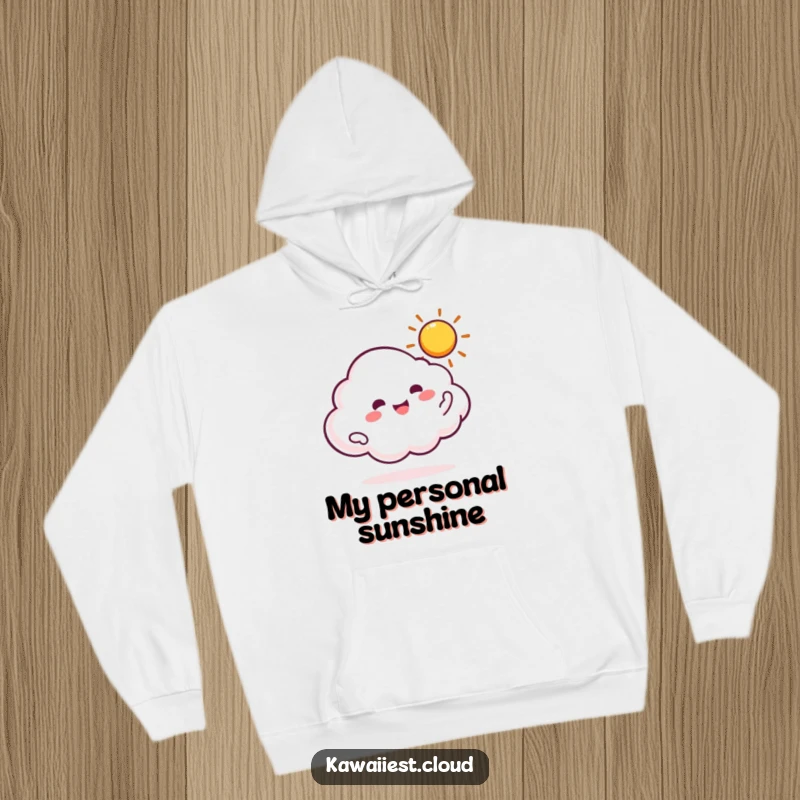 Funny hoodie showing a happy cloud character enthusiastically spinning a miniature, luminous sun.
