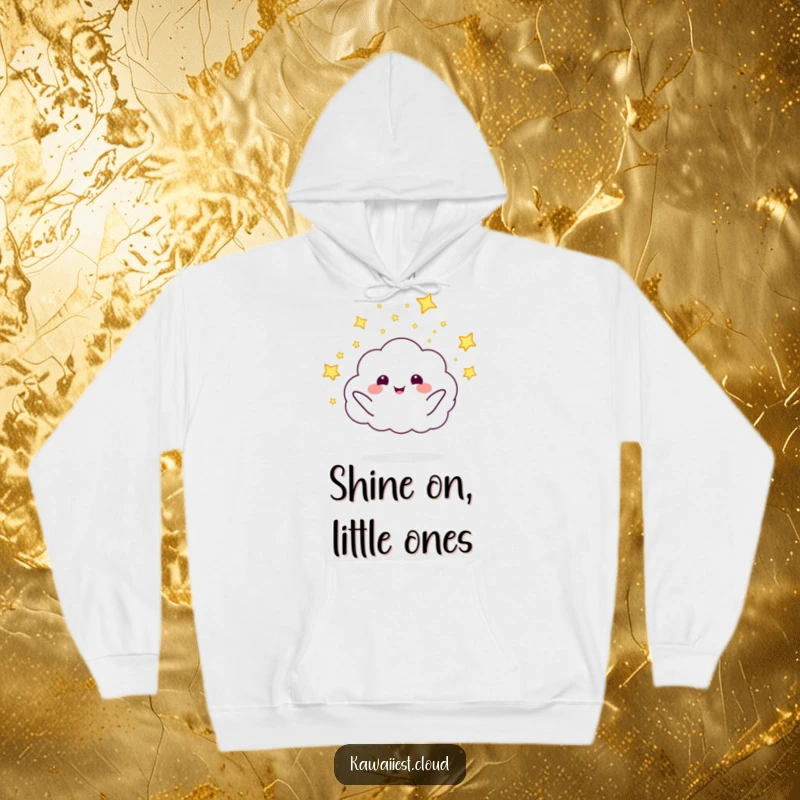 Cozy funny cloud character happily launching glowing fireflies, creating a magical ambiance on this hoodie.