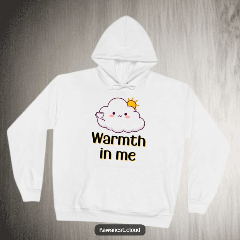 Funny hoodie featuring a cloud character offering a cup of radiant sunshine with an extended arm. Cozy and warm-hearted.