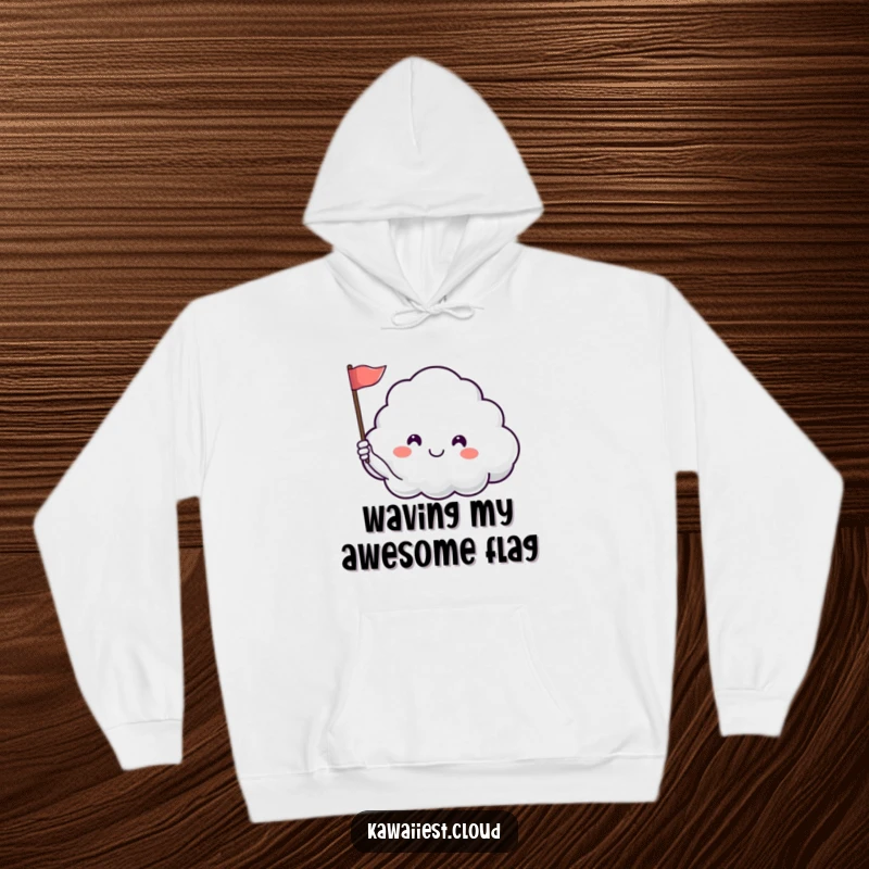 Funny hoodie depicting a peaceful cloud character happily waving a flag, offering warmth and a humorous, serene atmosphere.