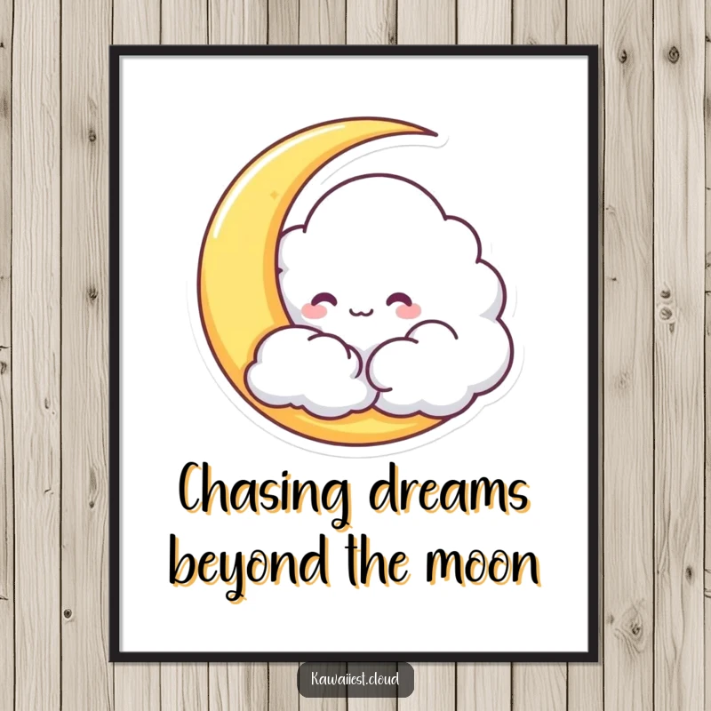 Funny Free Printable Wall Art. A mischievous cloud character hides playfully behind a crescent moon, creating a whimsical and endearing art piece.