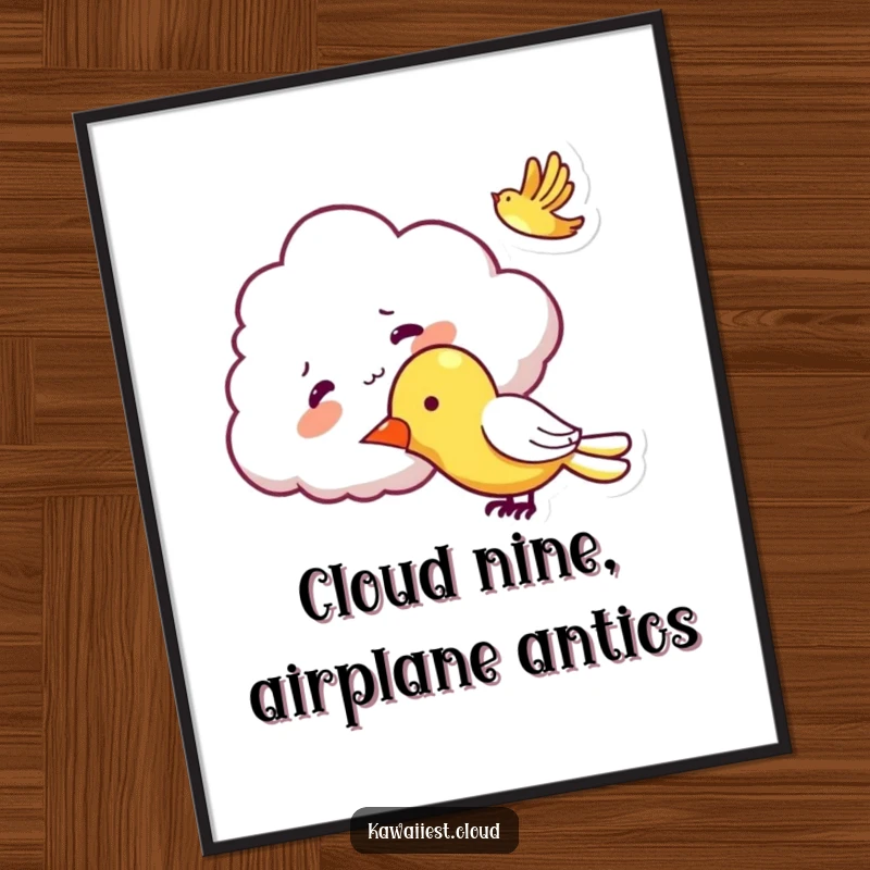 Funny Free Printable Wall Art: A mischievous cloud character tickling the underside of a passing airplane with a fluffy finger.