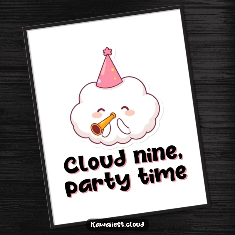 Funny free printable wall art: a cloud character in a party hat playing a tiny trumpet, bringing festive cheer to any room.