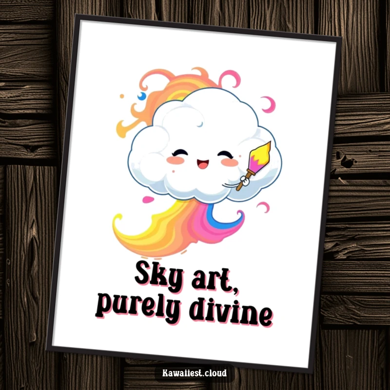 Funny free printable wall art showing a cloud character whimsically painting the sky with stunning, swirling colors, inspiring imagination.