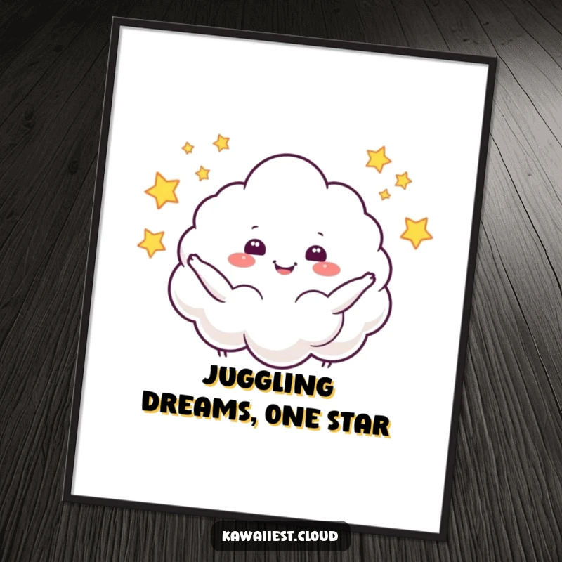 Funny Free Printable Wall Art: A cheerful cloud character juggling tiny sparkling stars with glee, magical downloadable art.