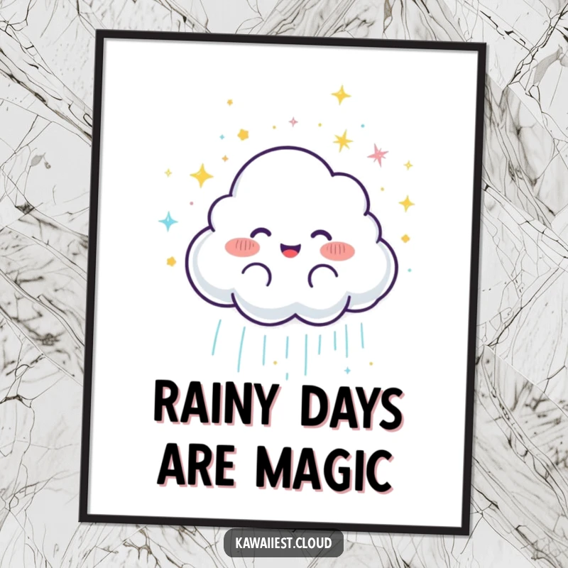 Funny Free Printable Cloud Wall Art: A joyful cloud character rains down a cascade of sparkling glitter.
