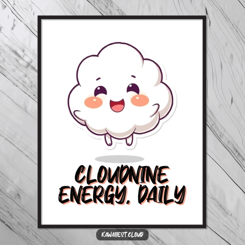 Funny Free Printable Wall Art: A cloud character performs an energetic bounce, showcasing pure happiness, a vibrant downloadable piece.