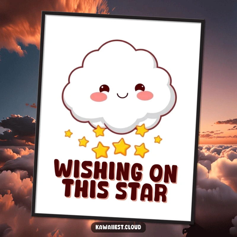 Funny Free Printable Wall Art: A smiling cloud character with rosy cheeks happily throws a cascade of twinkling stars.
