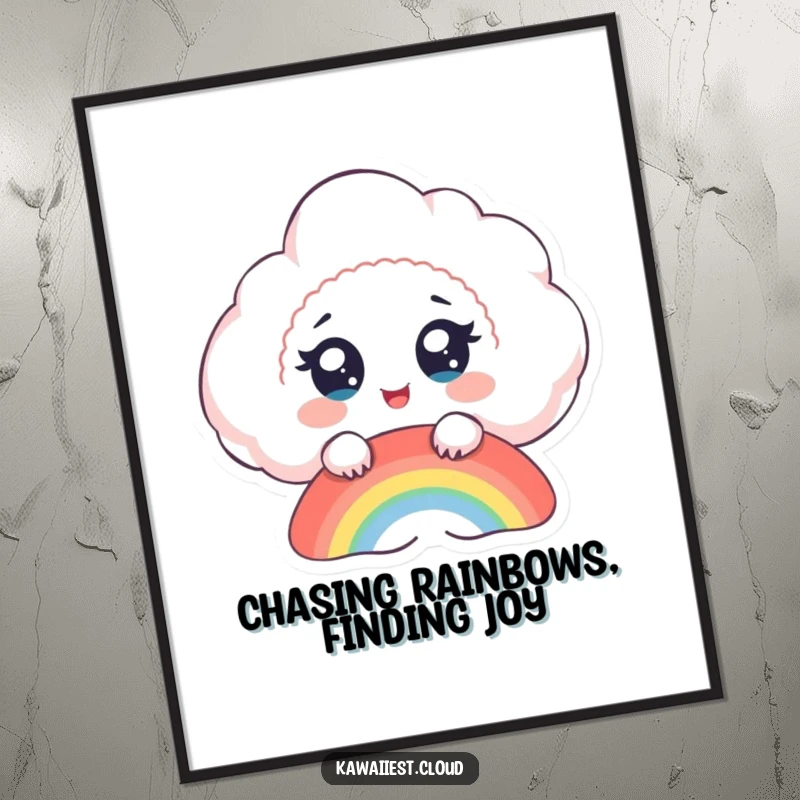 Free printable wall art of a delighted cloud character with large, expressive eyes watching a colorful rainbow emerge, adding a touch of magic.