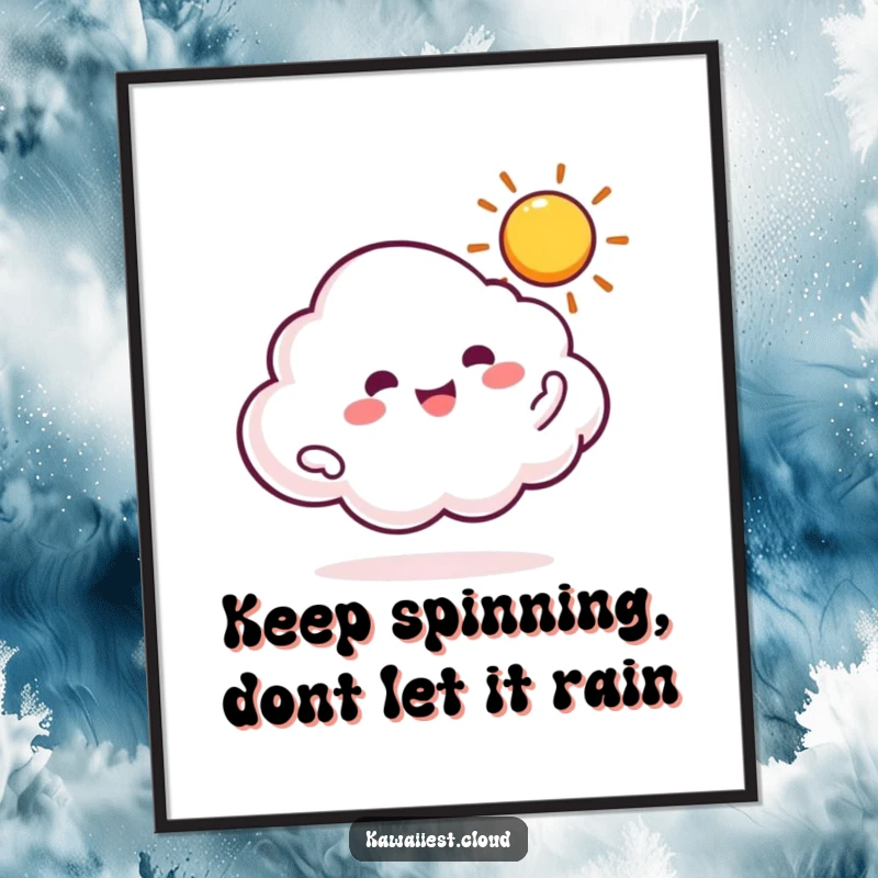 Funny Free Printable Wall Art: A cloud character gleefully spinning a tiny, bright yellow sun, radiating happiness.