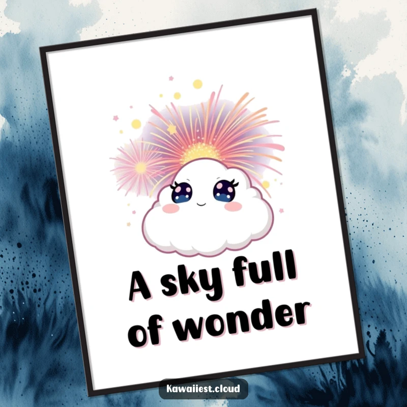 Funny Free Printable Wall Art. A cloud character with wide eyes watches in amazement as a magical firework blooms beautifully in the sky.