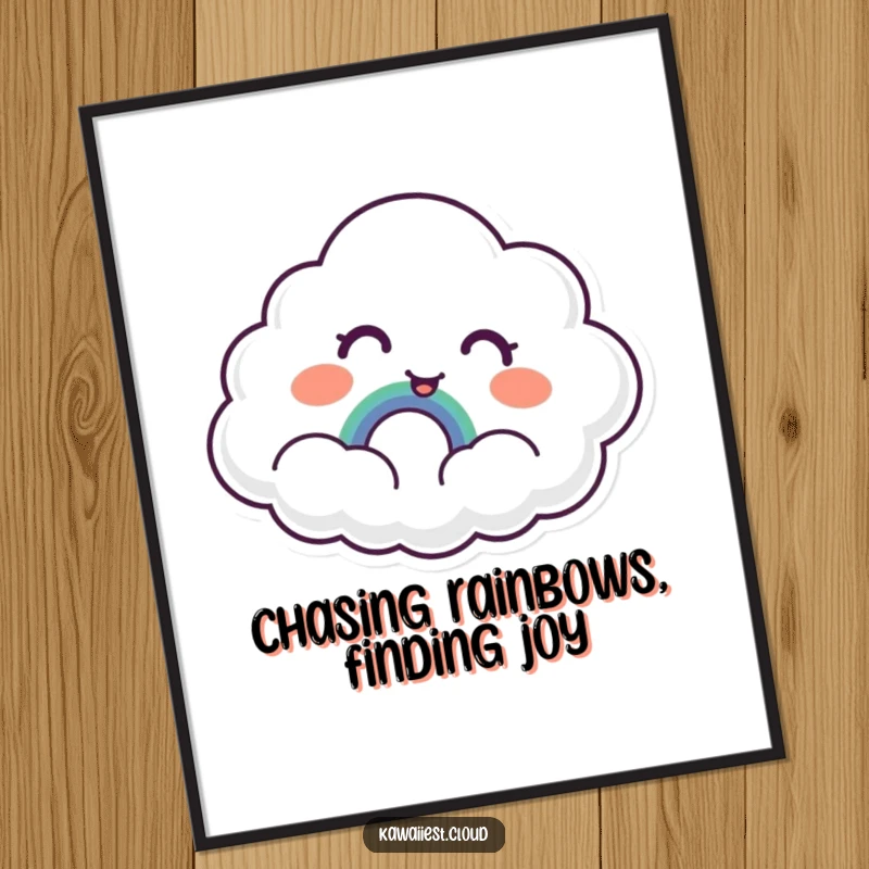 Funny Free Printable Cloud Wall Art: A surprised cloud character looking delighted at a tiny, smiling rainbow, bringing joy to the room.