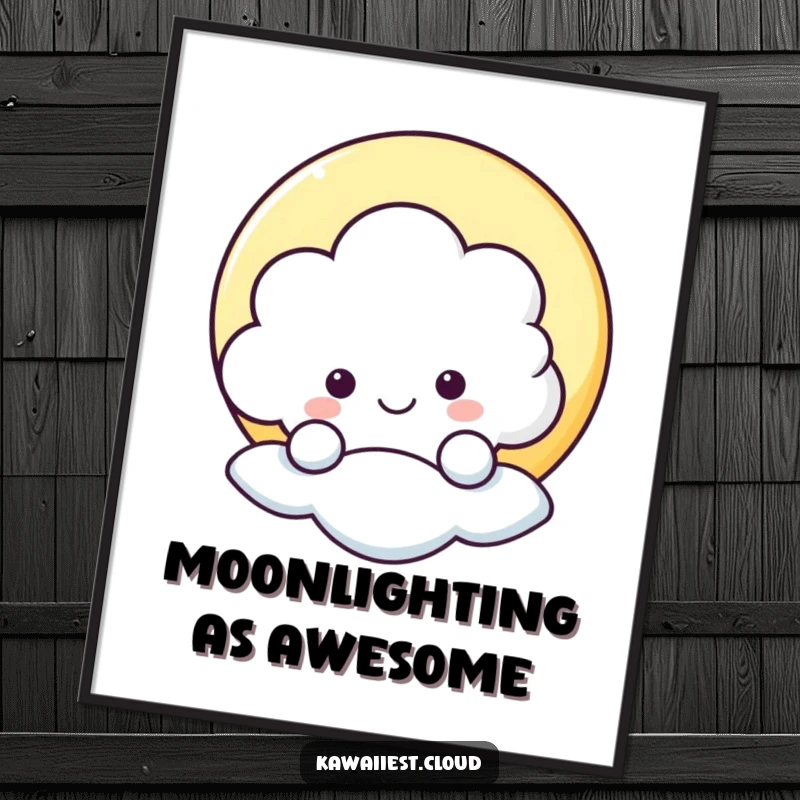 Funny free printable wall art depicting a cheerful cloud character peeking from behind a happy moon.