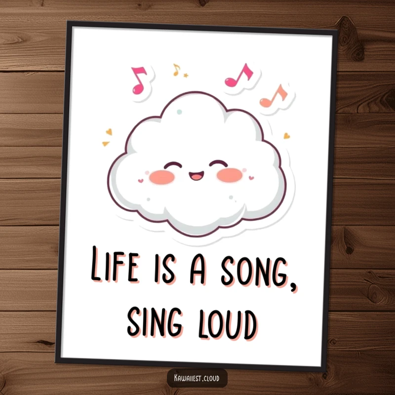 Funny Free Printable Wall Art: A giggling cloud character surrounded by tiny, dancing musical notes in a cheerful display.