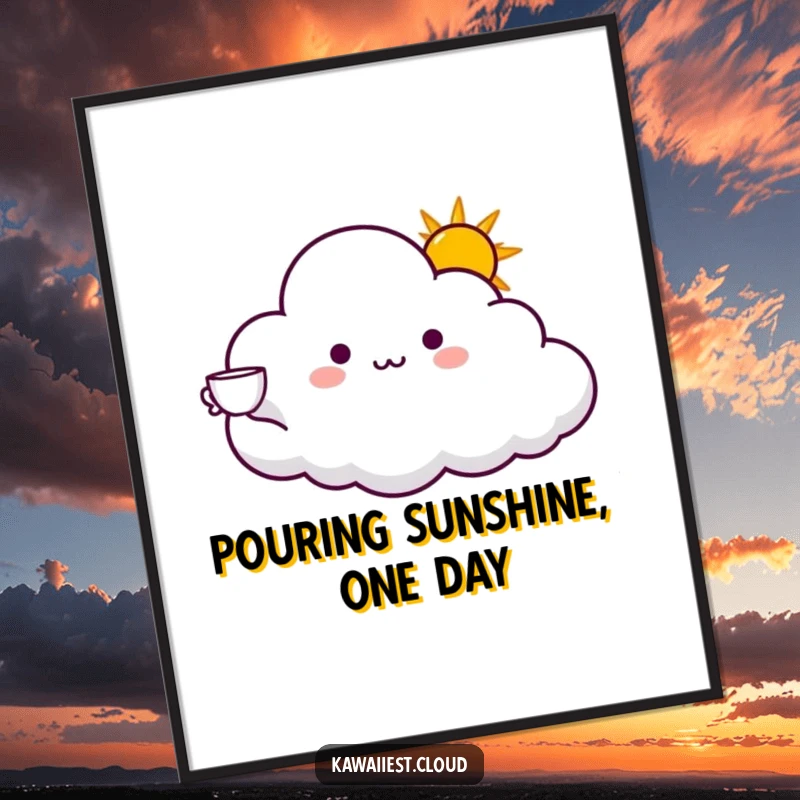 Funny Free Printable Wall Art: A cloud character holds out a cup filled with bright, golden sunshine, radiating warmth.