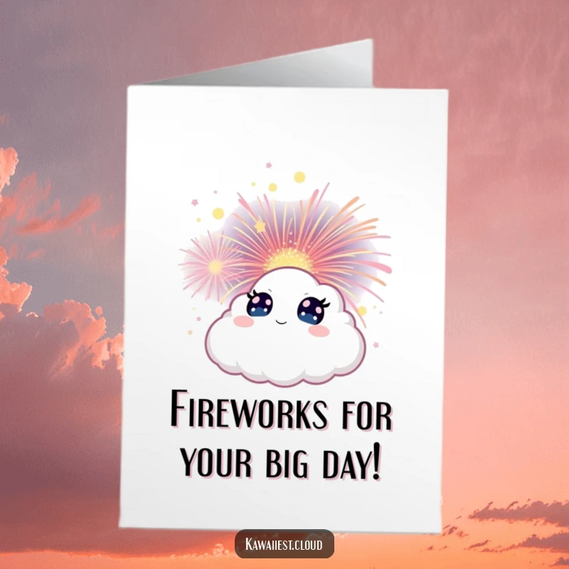 Funny Free Printable Birthday Card. A cloud character with wide eyes watches in awe as a magical firework blooms spectacularly.