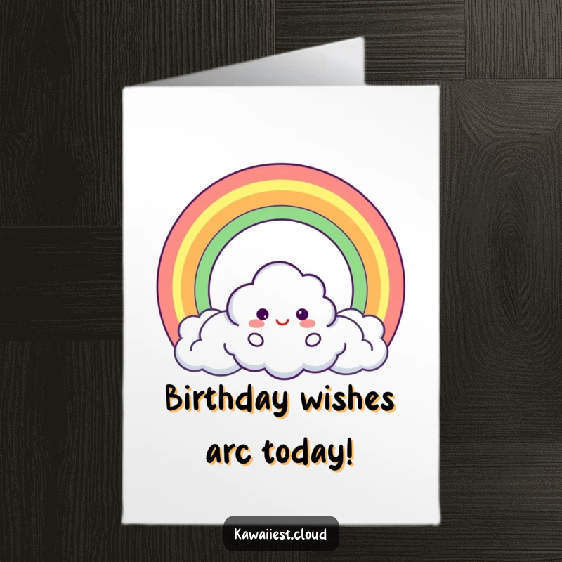 Funny Free Printable Birthday Card with a cloud character artfully creating a perfect circle rainbow, a vibrant downloadable birthday wish.