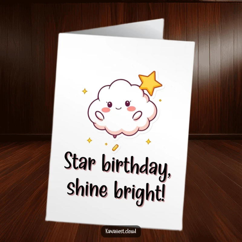 Funny Free Printable Birthday Card: A happy cloud character energetically bouncing a bright, shimmering star.